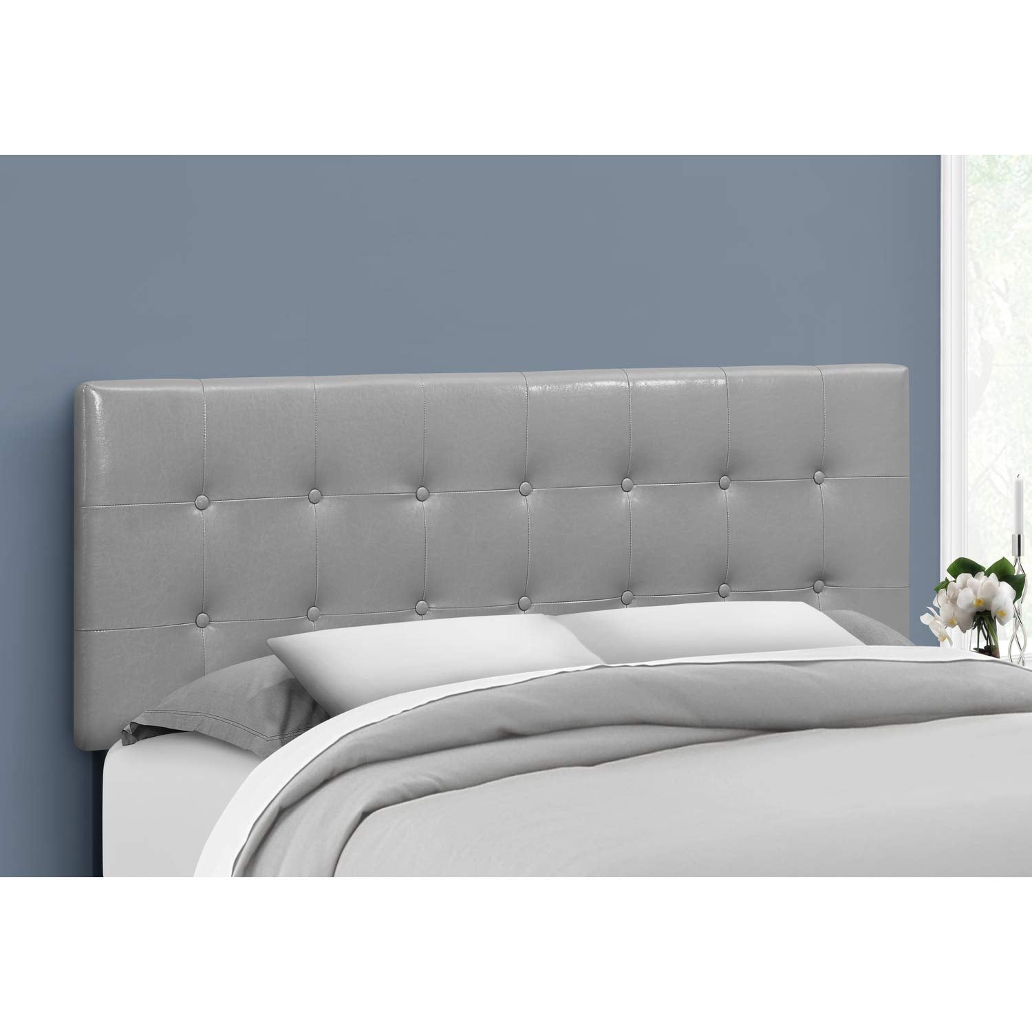 Monarch Specialties I 6001Q Bed, Headboard Only, Queen Size, Bedroom, Upholstered, Pu Leather Look, Grey, Transitional